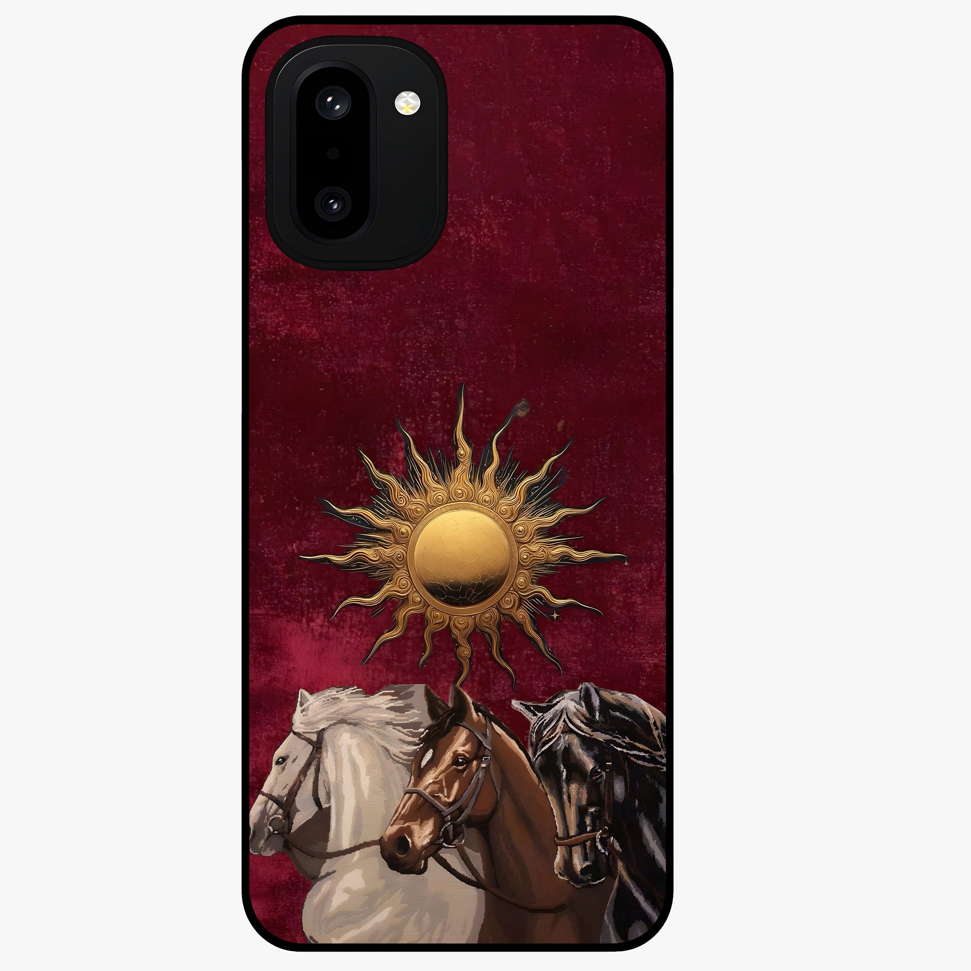 Solar Riders Glass Case for 1+15R dynamic front view featuring bold rider inspired artwork with solar tones