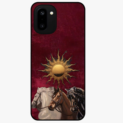 Solar Riders Glass Case for 1+15R dynamic front view featuring bold rider inspired artwork with solar tones