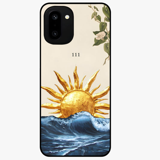 Solar Wave Bloom Glass Case for 1+15R vibrant front view featuring floral artwork blended with solar wave patterns
