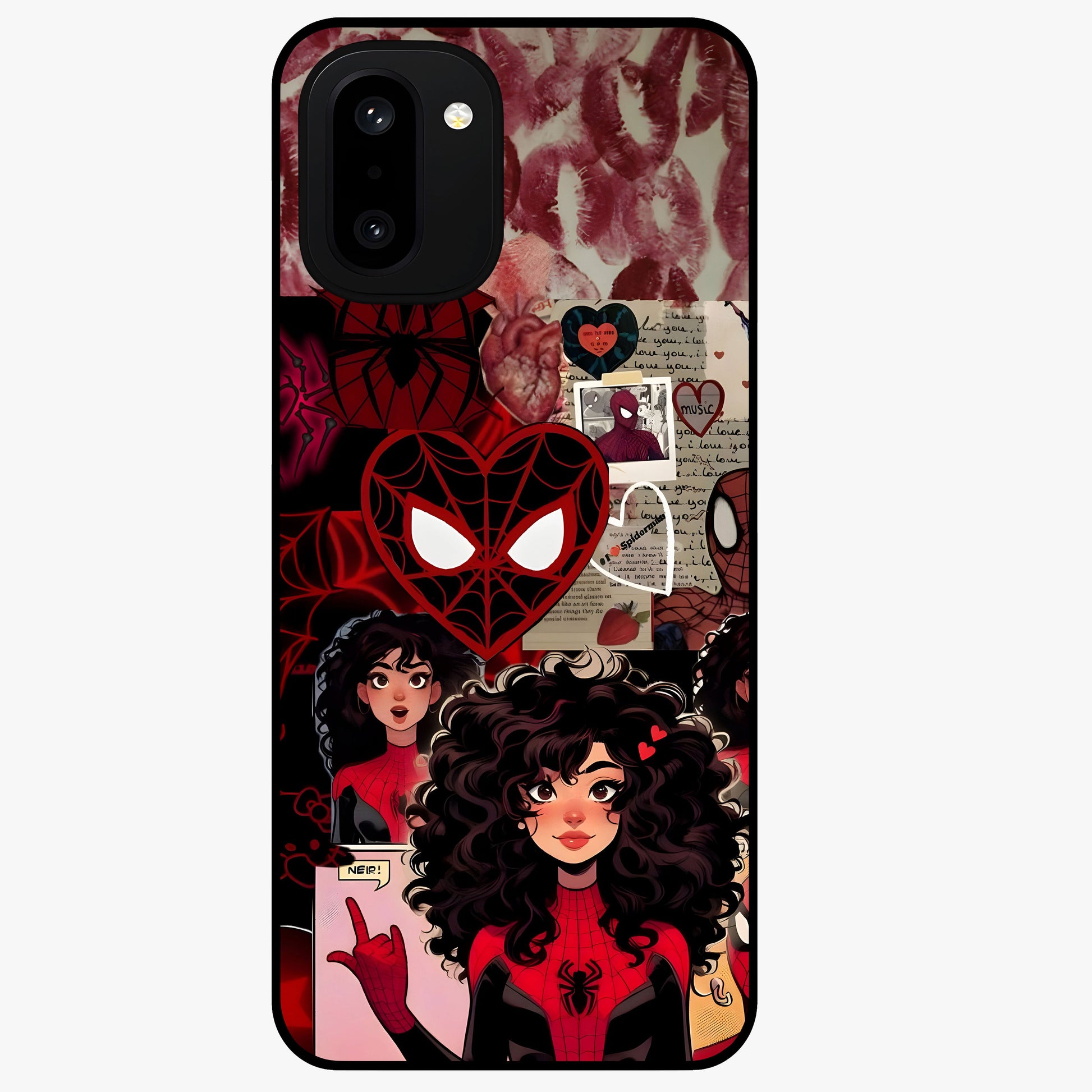 Spider Love Story Glass Case for 1+15R bold front view featuring superhero inspired romantic artwork