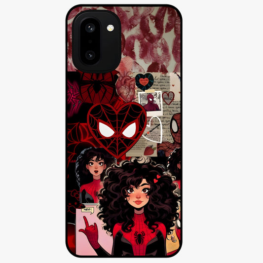 Spider Love Story Glass Case for 1+15R bold front view featuring superhero inspired romantic artwork