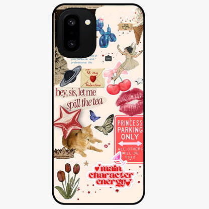 Spill the Tea Retro Collage Glass Case for 1+15R playful front view featuring vintage style collage artwork