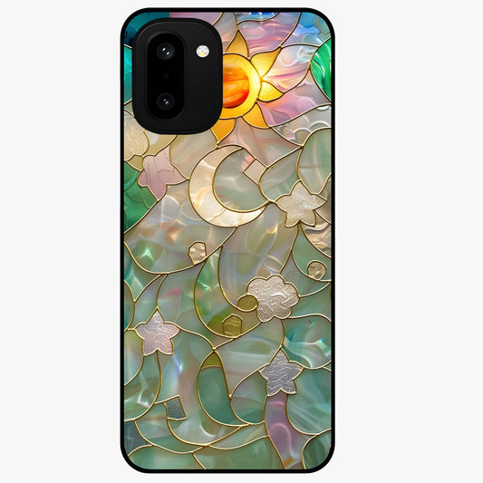 Stained Sunrise Glow Glass Case for 1+15R radiant front view featuring sunrise inspired stained glass artwork