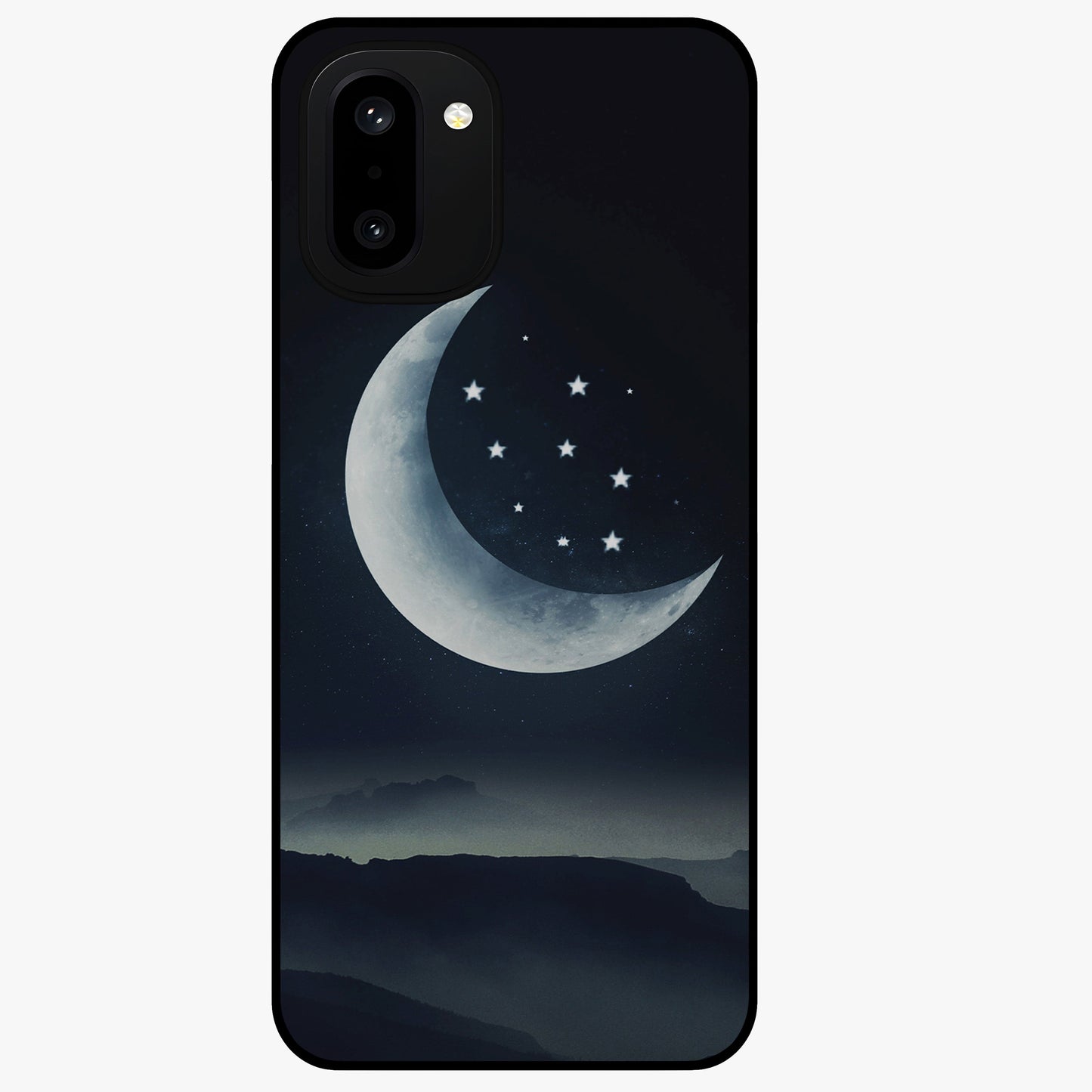 Starry Moon Pattern Glass Case for 1+15R dreamy front view featuring moon and star patterned artwork