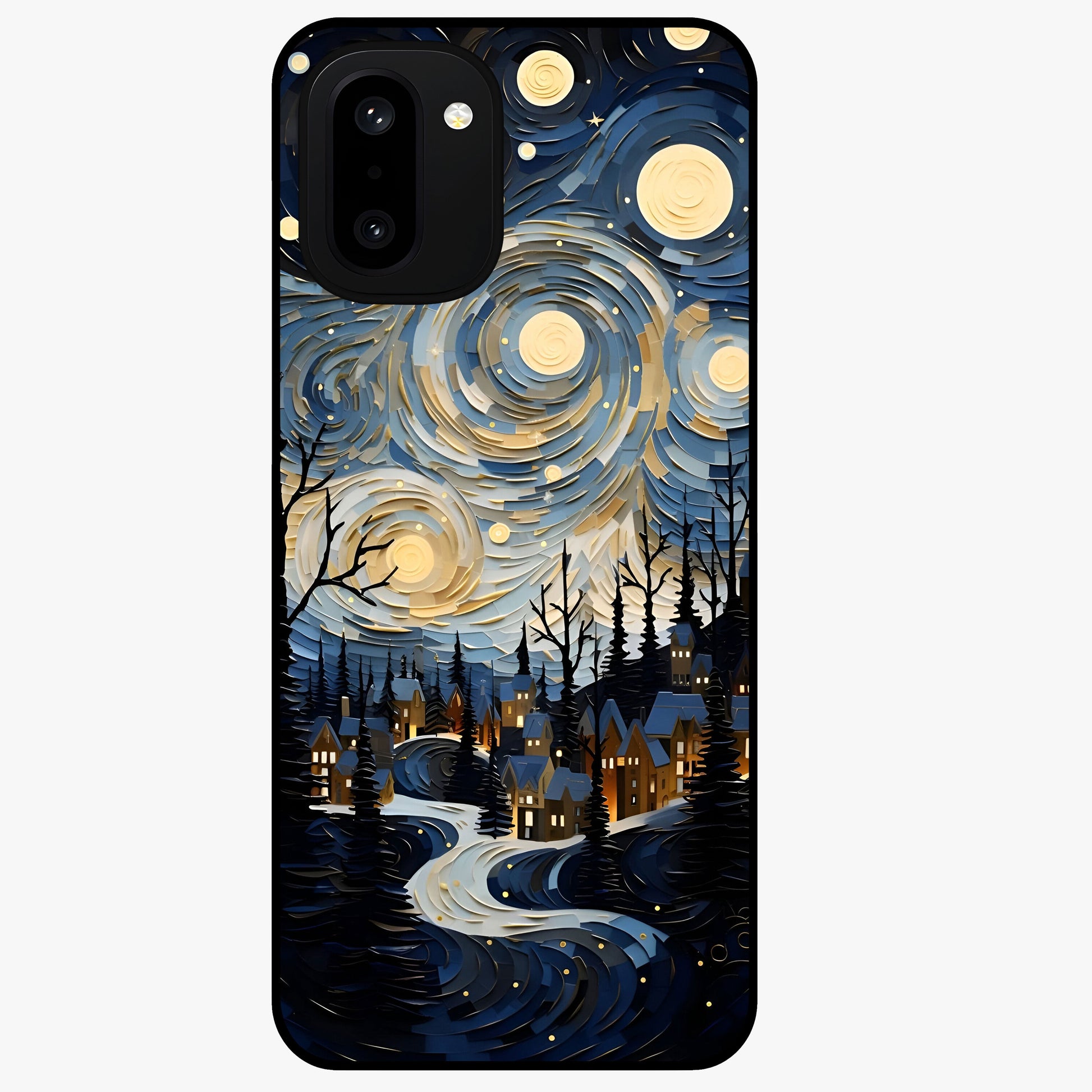 Starry Winter Town Glass Case for 1+15R scenic front view featuring snowy town artwork under sparkling night sky