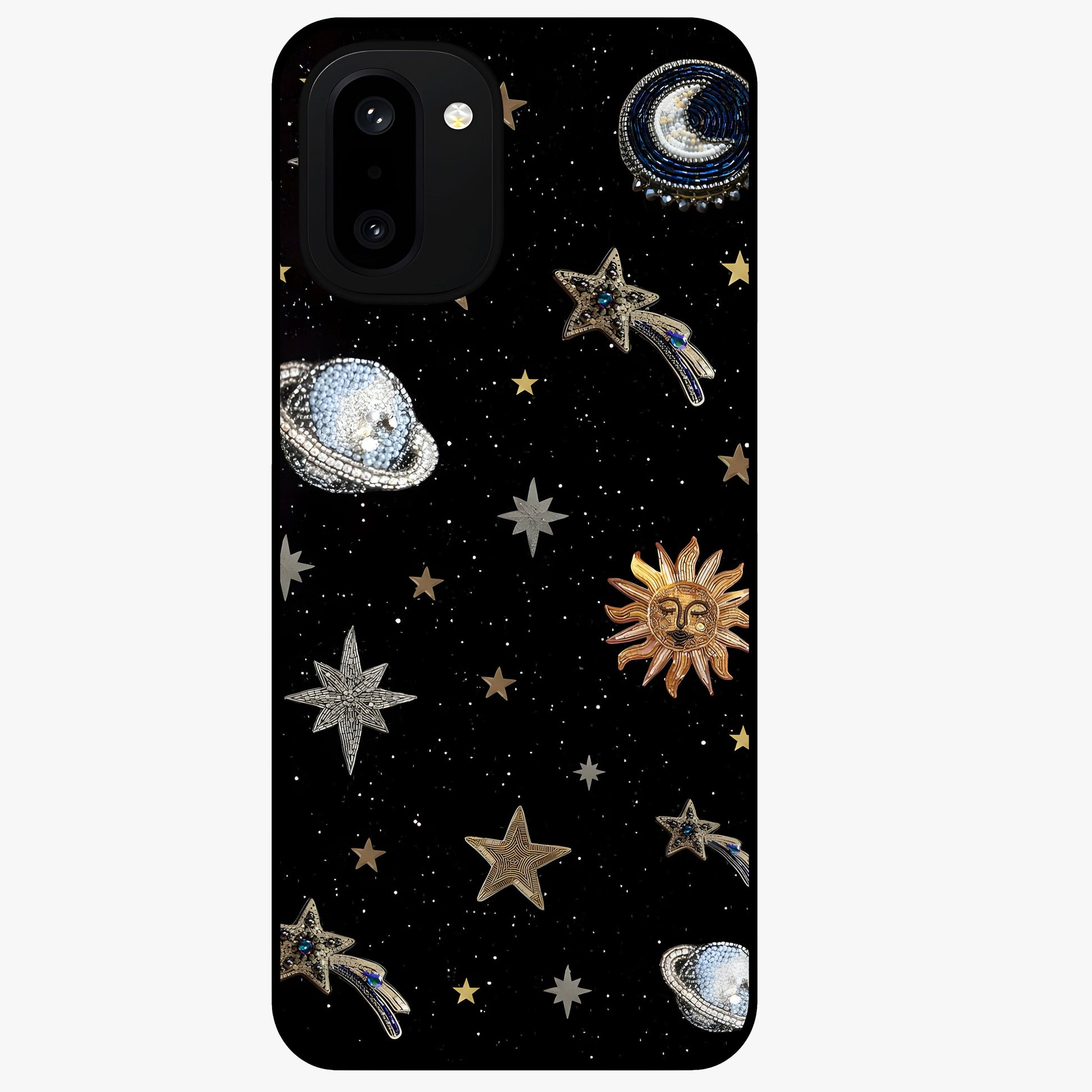 Stars and Planets Brooches Glass Case for 1+15R elegant front view featuring celestial jewelry inspired artwork