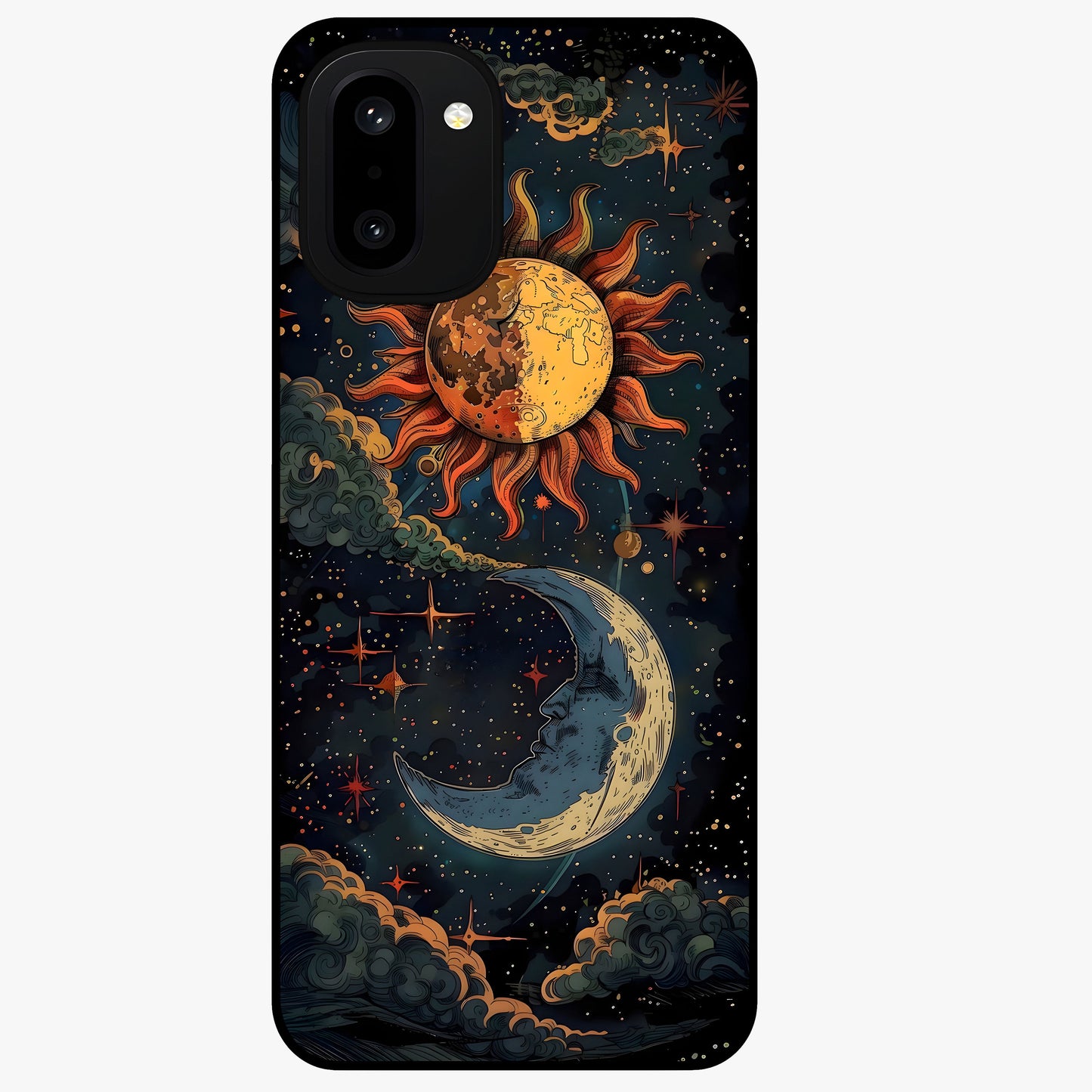Sun and Moonflowers Glass Case for 1+15R vibrant front view featuring floral artwork blended with sun and moon elements