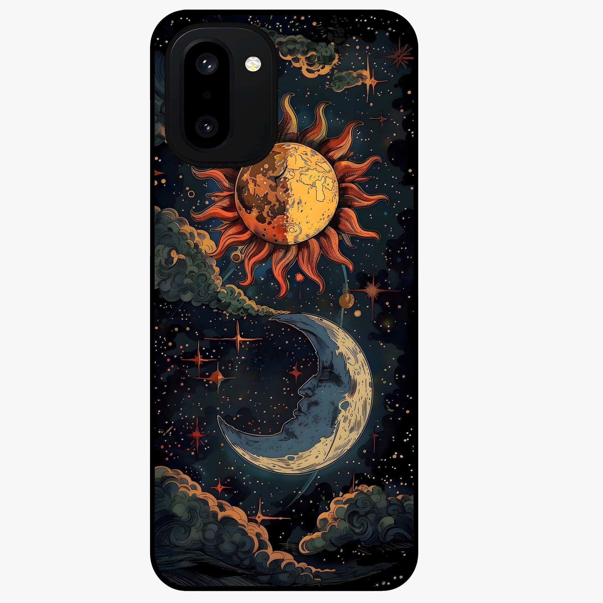 Sun and Moonflowers Glass Case for 1+15R vibrant front view featuring floral artwork blended with sun and moon elements