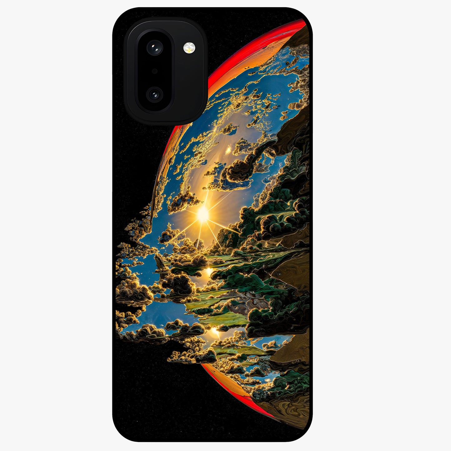 Sunrise Bursting Glass Case for 1+15R radiant front view featuring vibrant sunrise inspired artwork