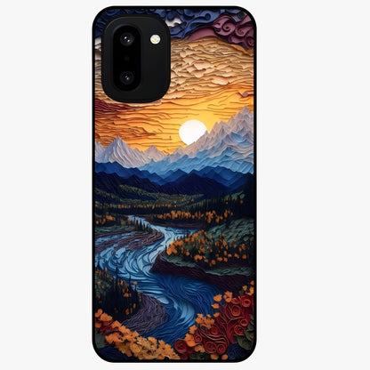 Sunrise River Dreams Glass Case for 1+15R scenic front view featuring river landscape under glowing sunrise sky