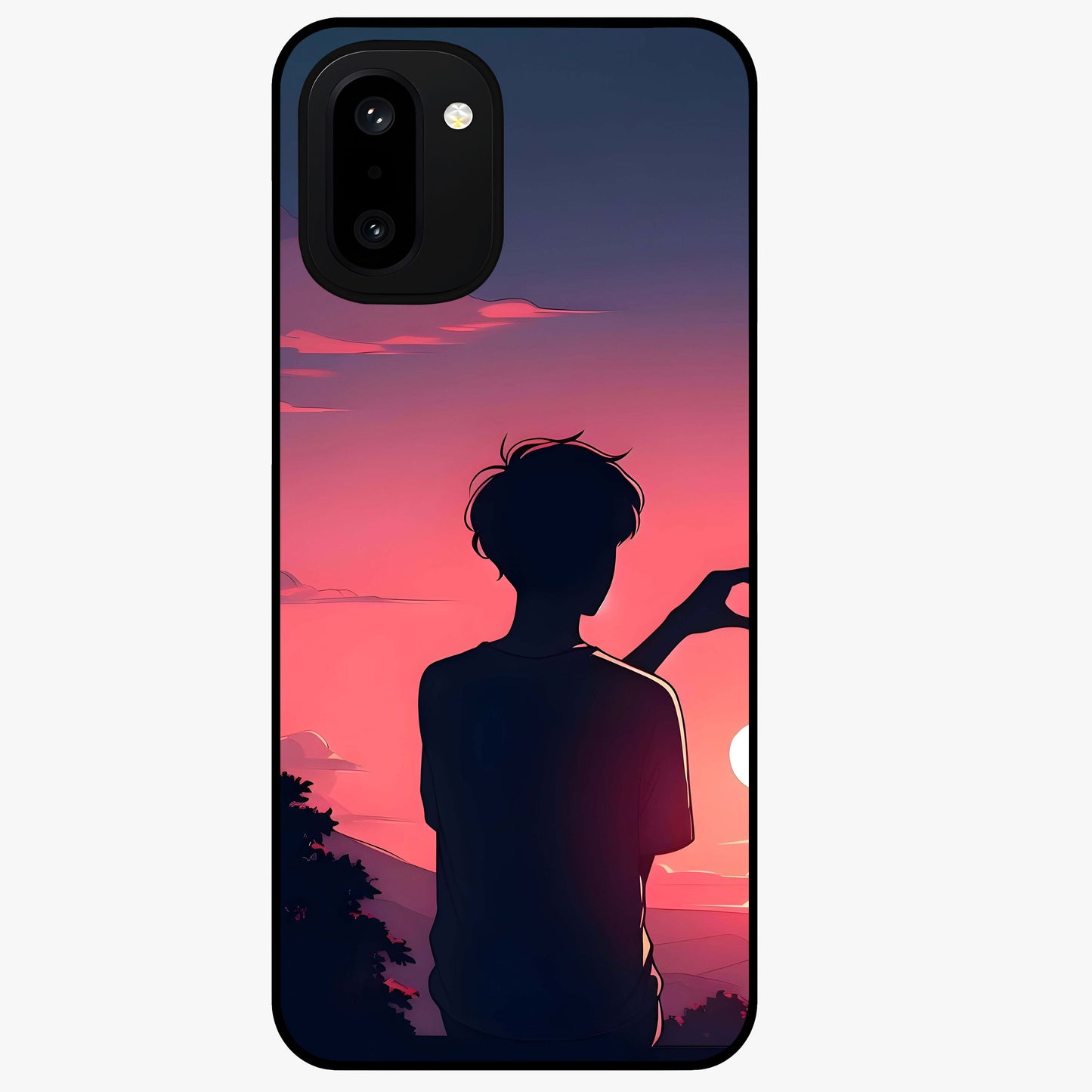 Sunset Silhouette Girl Glass Case for 1+15R aesthetic front view featuring girl silhouette under glowing sunset sky