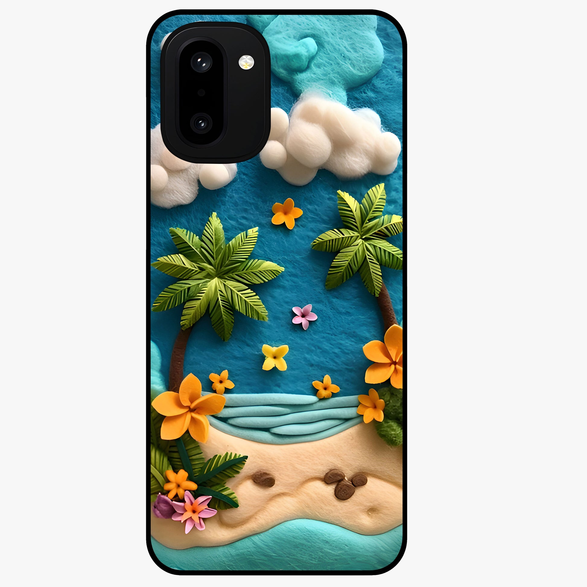 Tropical Felt Escape Glass Case for 1+15R refreshing front view featuring tropical inspired artistic artwork