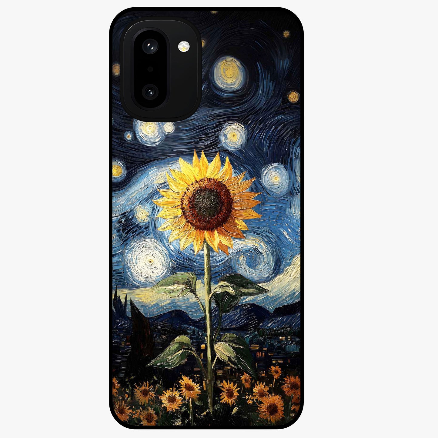Van Gogh Sunflower Glass Case for 1+15R vibrant front view featuring sunflower artwork in painterly style