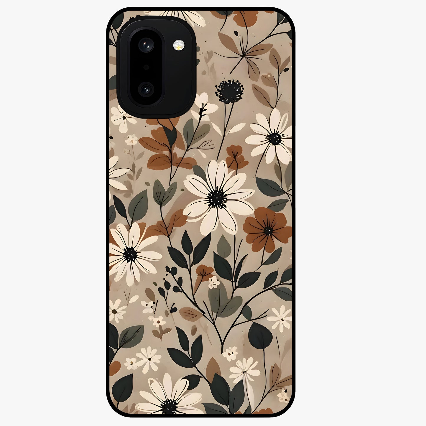 Vector Flowers Glass Case for 1+15R clean front view featuring sharp vector style floral artwork