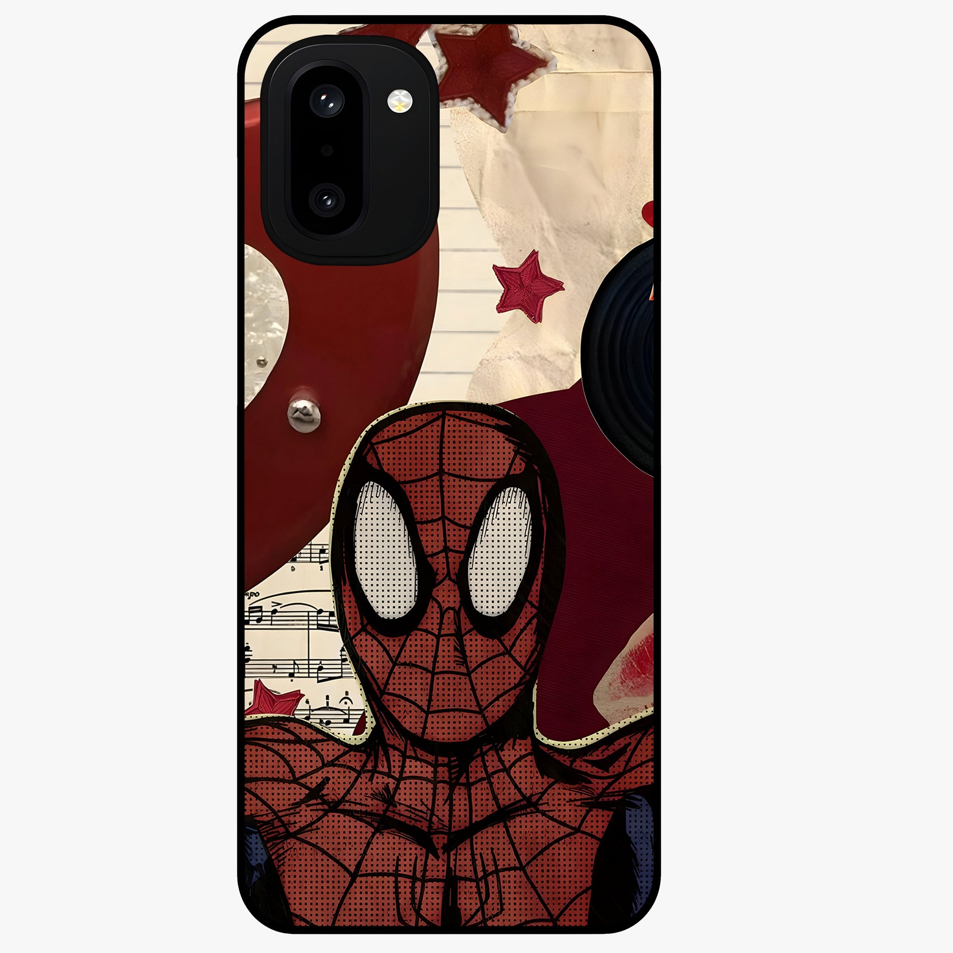 Web Warrior Vibes Glass Case for 1+15R dynamic front view featuring superhero inspired web themed artwork
