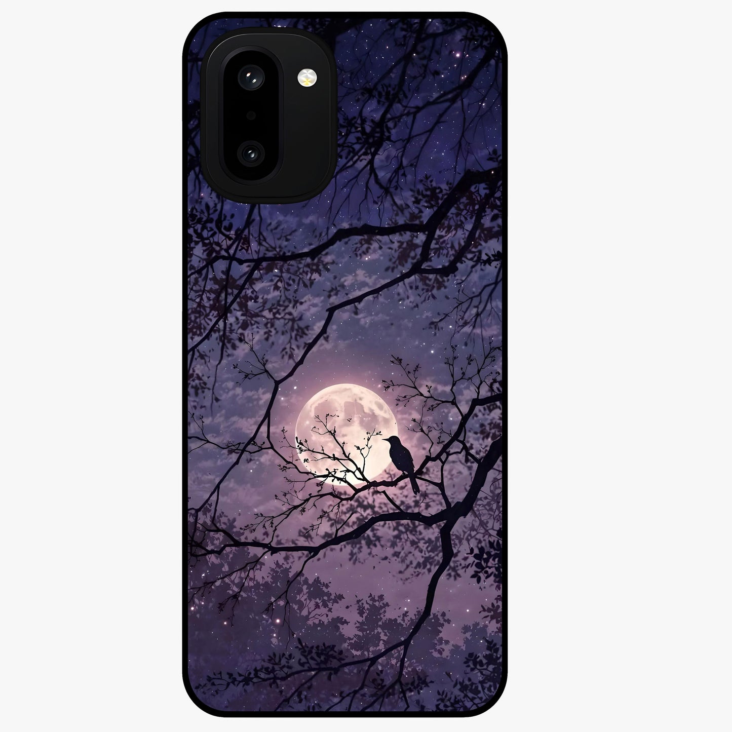 Whispering Moon Silence Glass Case for 1+15R serene front view featuring moon inspired artwork in calm night tones