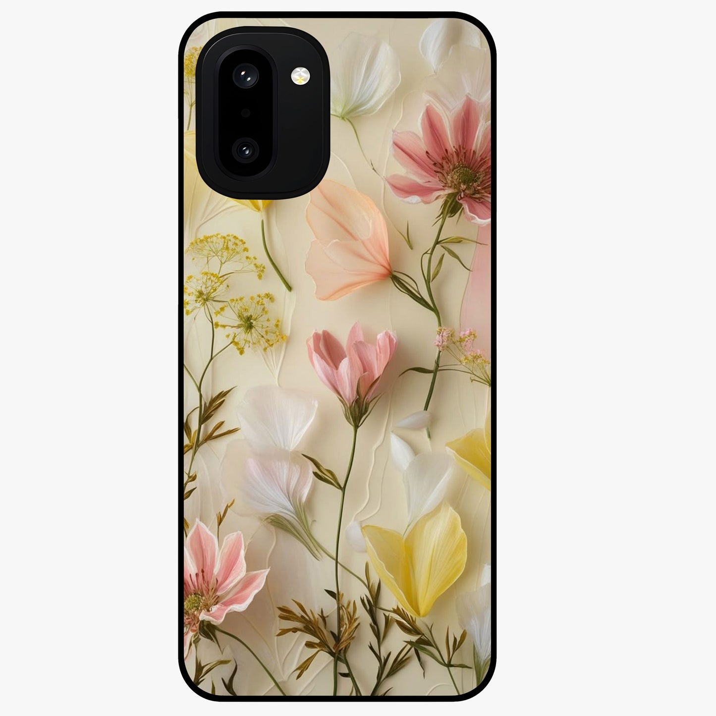 Whispering Petal Harmony Glass Case for 1+15R elegant front view featuring soft floral artwork in pastel tones