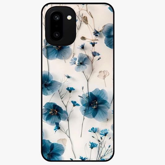Whispers of Blue Bloom Glass Case for 1+15R vibrant front view featuring blue floral artwork with soft glow