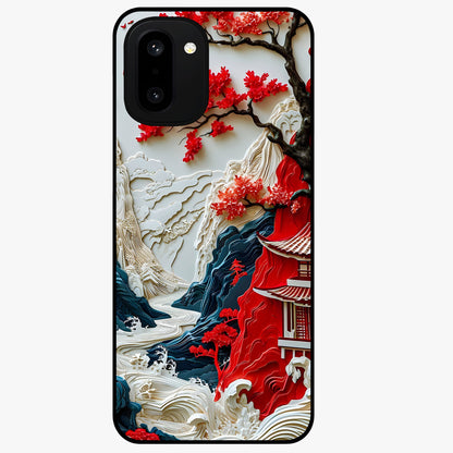 Whispers of Sakura Waves Glass Case for 1+15R artistic front view featuring cherry blossom artwork blended with flowing waves