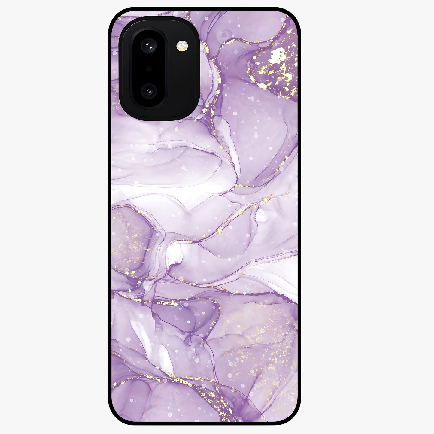 White and Purple Marble Glass Case for 1+15R elegant front view featuring marble texture artwork in white and violet tones