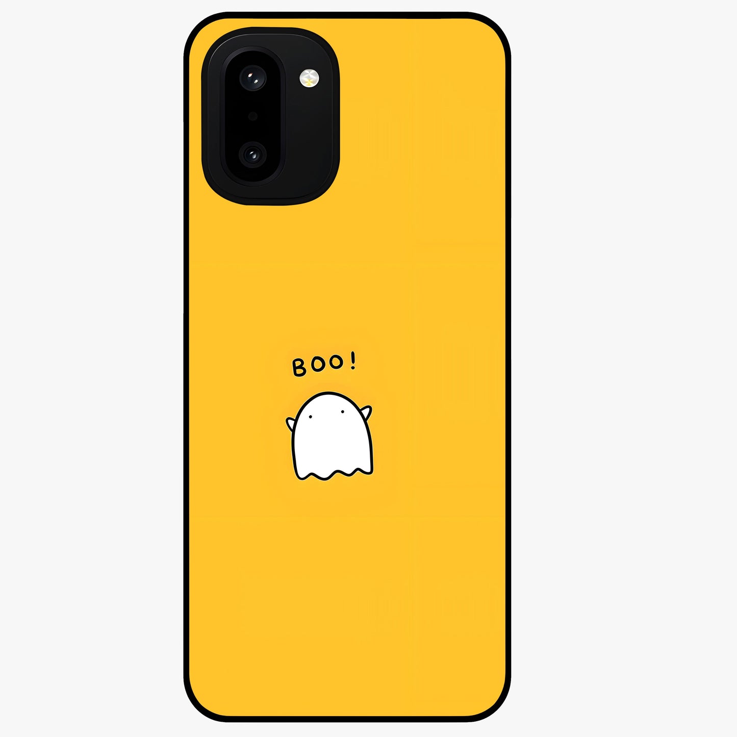 Yellow Boo Ghost Glass Case for 1+15R playful front view featuring cute ghost artwork in vibrant yellow tones