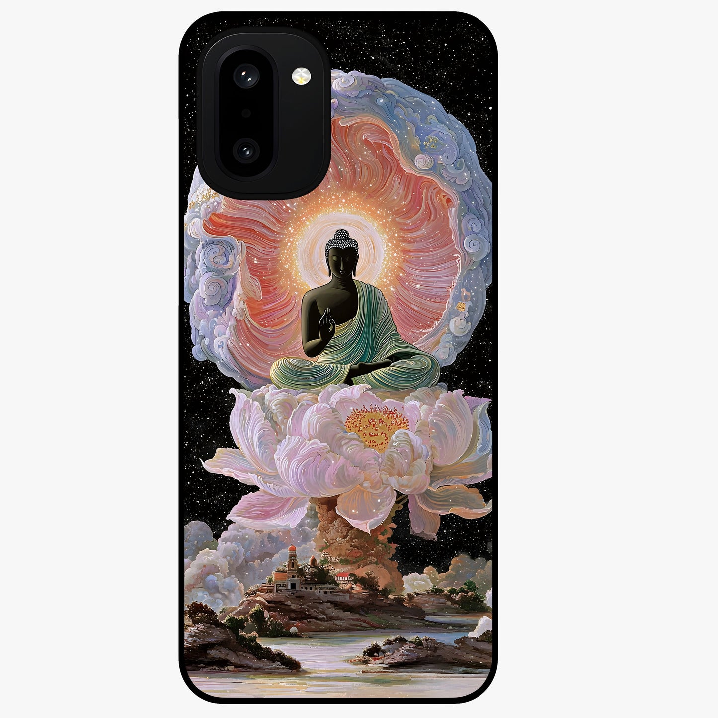 Zen Lotus Realm Glass Case for 1+15R peaceful front view featuring lotus artwork with calm spiritual tones