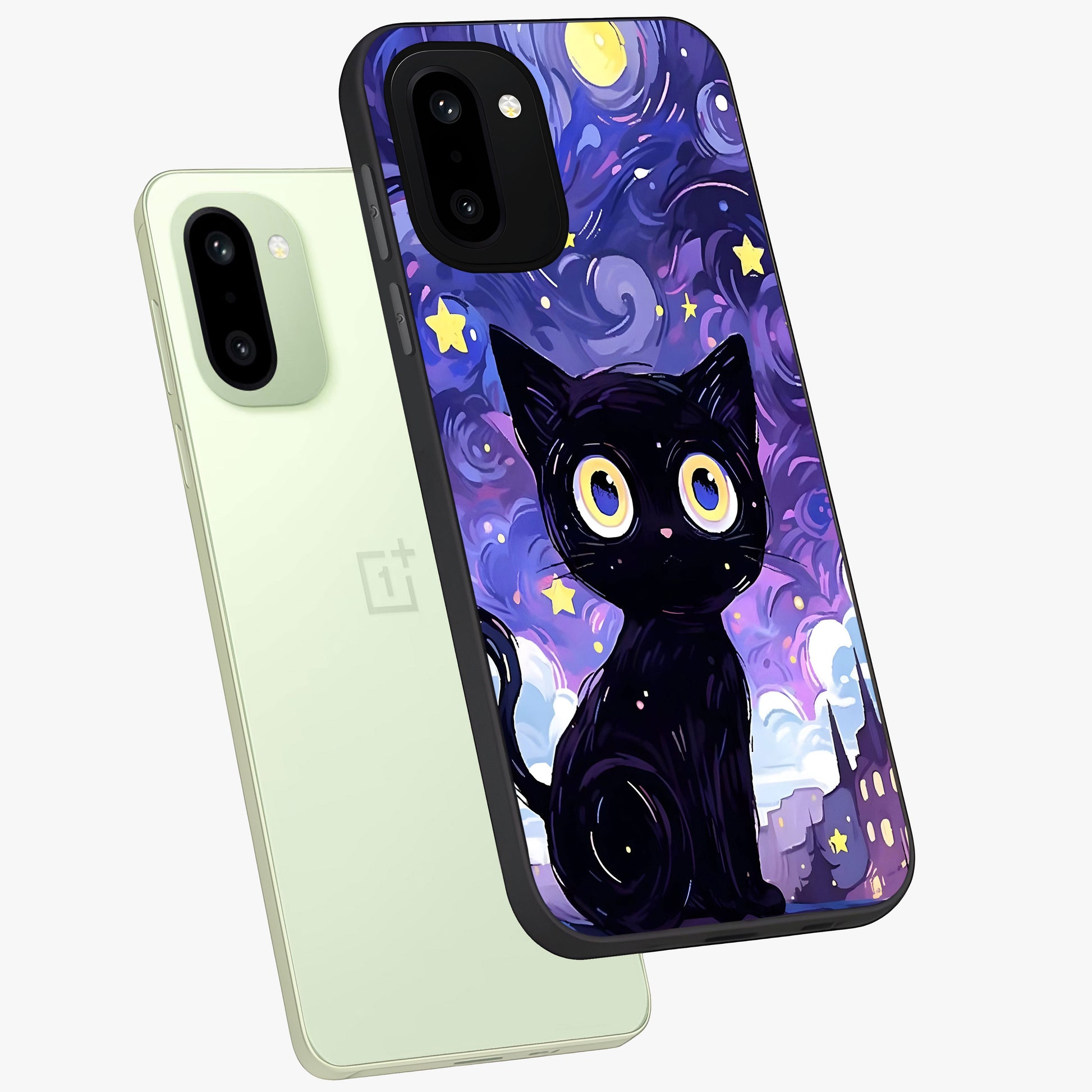 Abstract Cat Art Glass Case for 1+15R premium angled mockup showcasing glossy glass finish and creative feline design