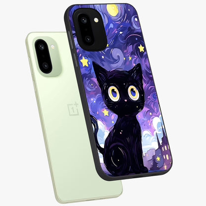 Abstract Cat Art Glass Case for 1+15R premium angled mockup showcasing glossy glass finish and creative feline design