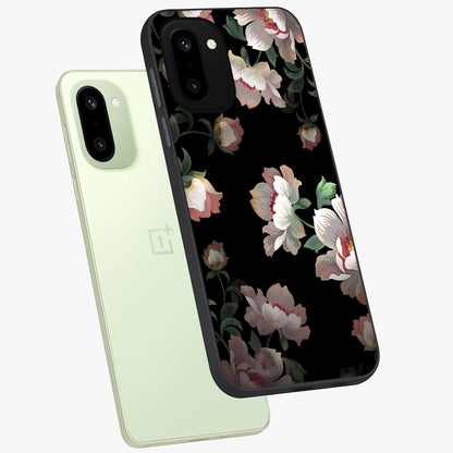 Abstract Embossed Blooming Bright Flower Glass Case for 1+15R angled mockup showcasing glossy surface and detailed bloom design