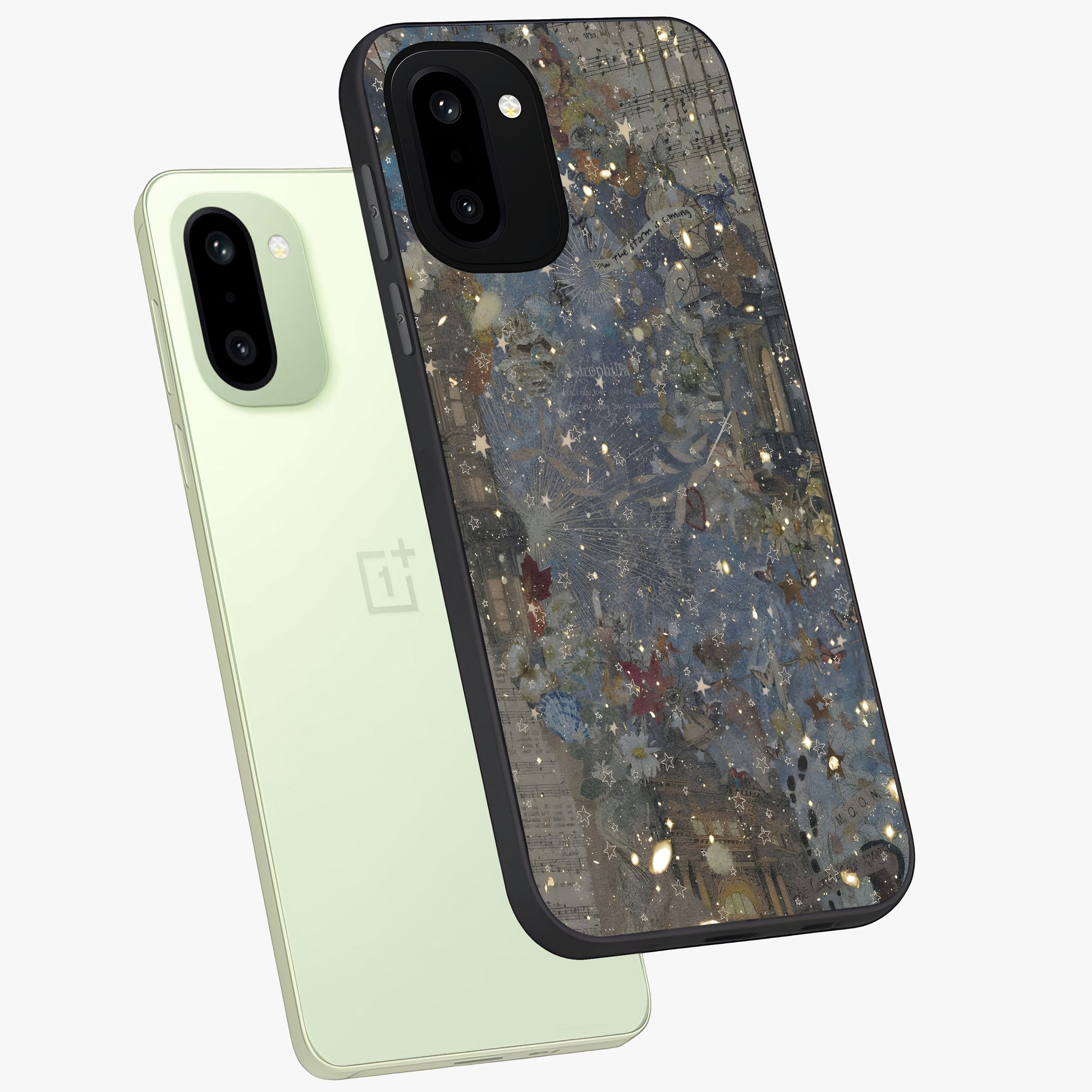 Aesthetic Astrolophia Glass Case for 1+15R angled mockup showcasing glossy cosmic design and premium glass finish