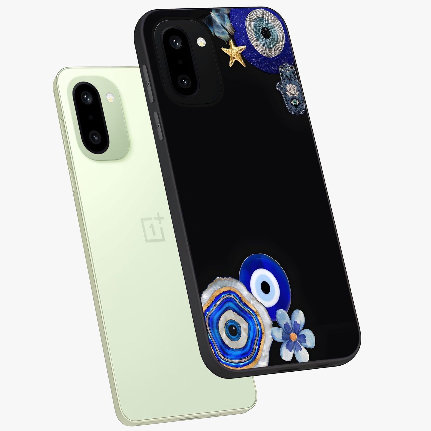 Aesthetic Blue Evil Eye Glass Case for 1+15R angled mockup showcasing glossy finish and protective symbol design