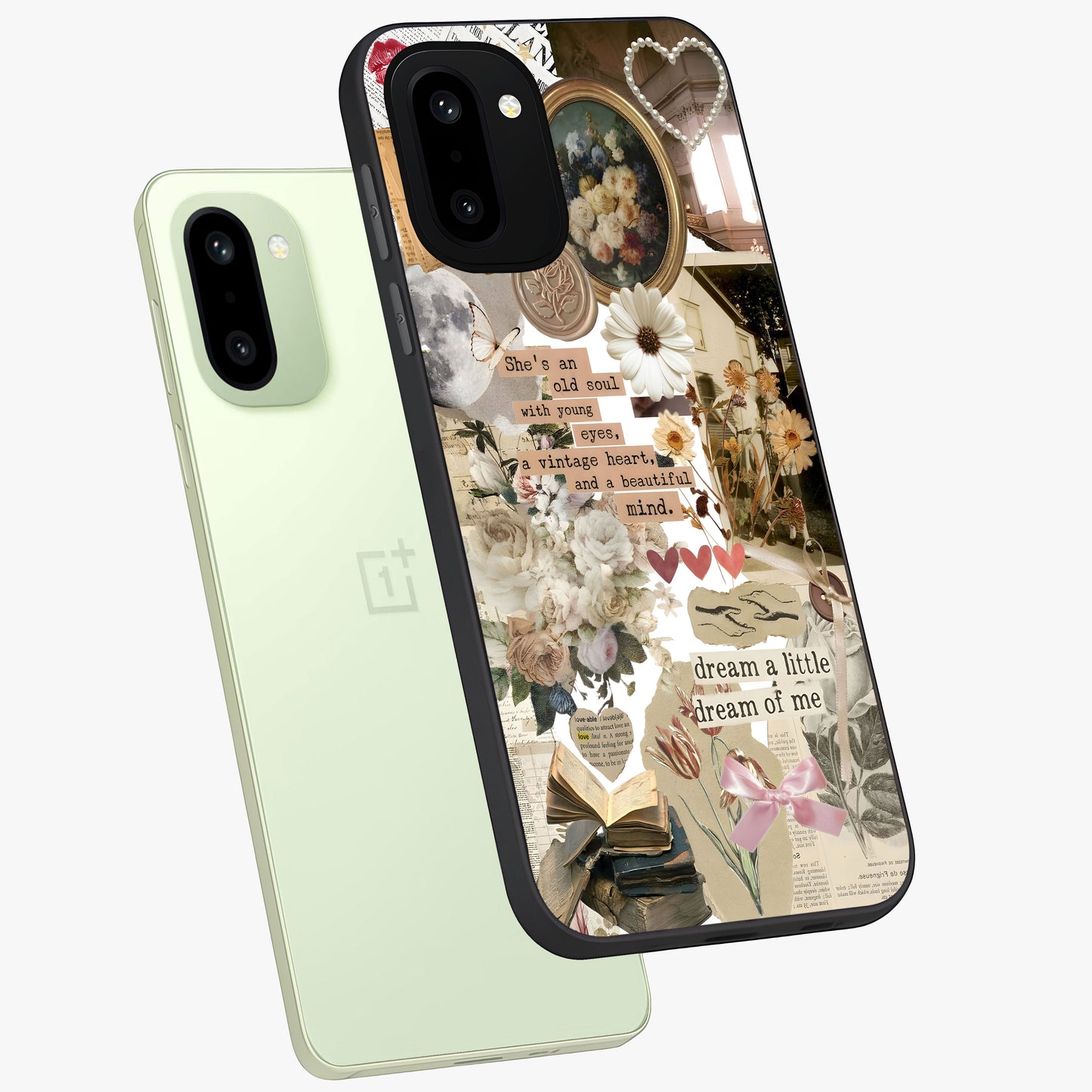 Aesthetic Brown Vintage Collage Glass Case for 1+15R angled mockup showcasing glossy layered vintage textures