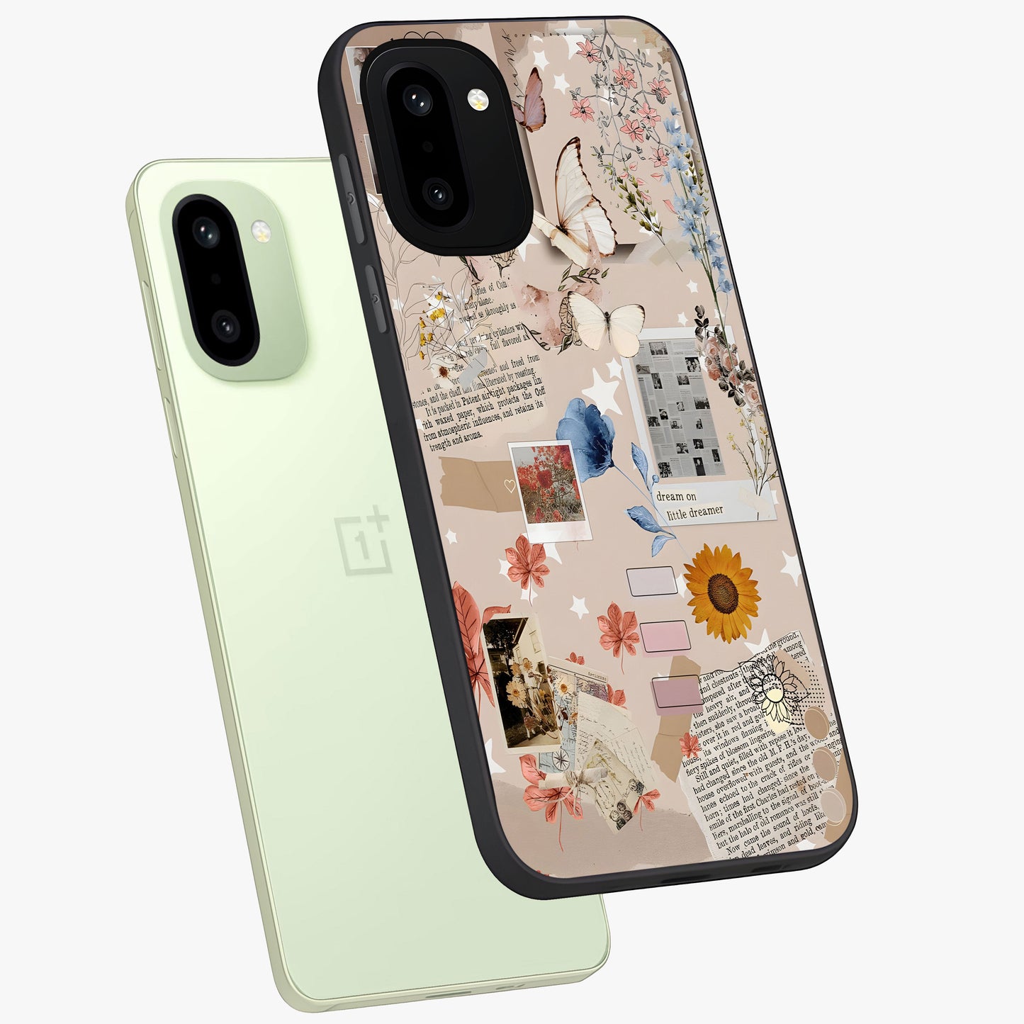 Aesthetic Butterfly Glass Case for 1+15R angled mockup showcasing glossy glass finish and delicate wing details