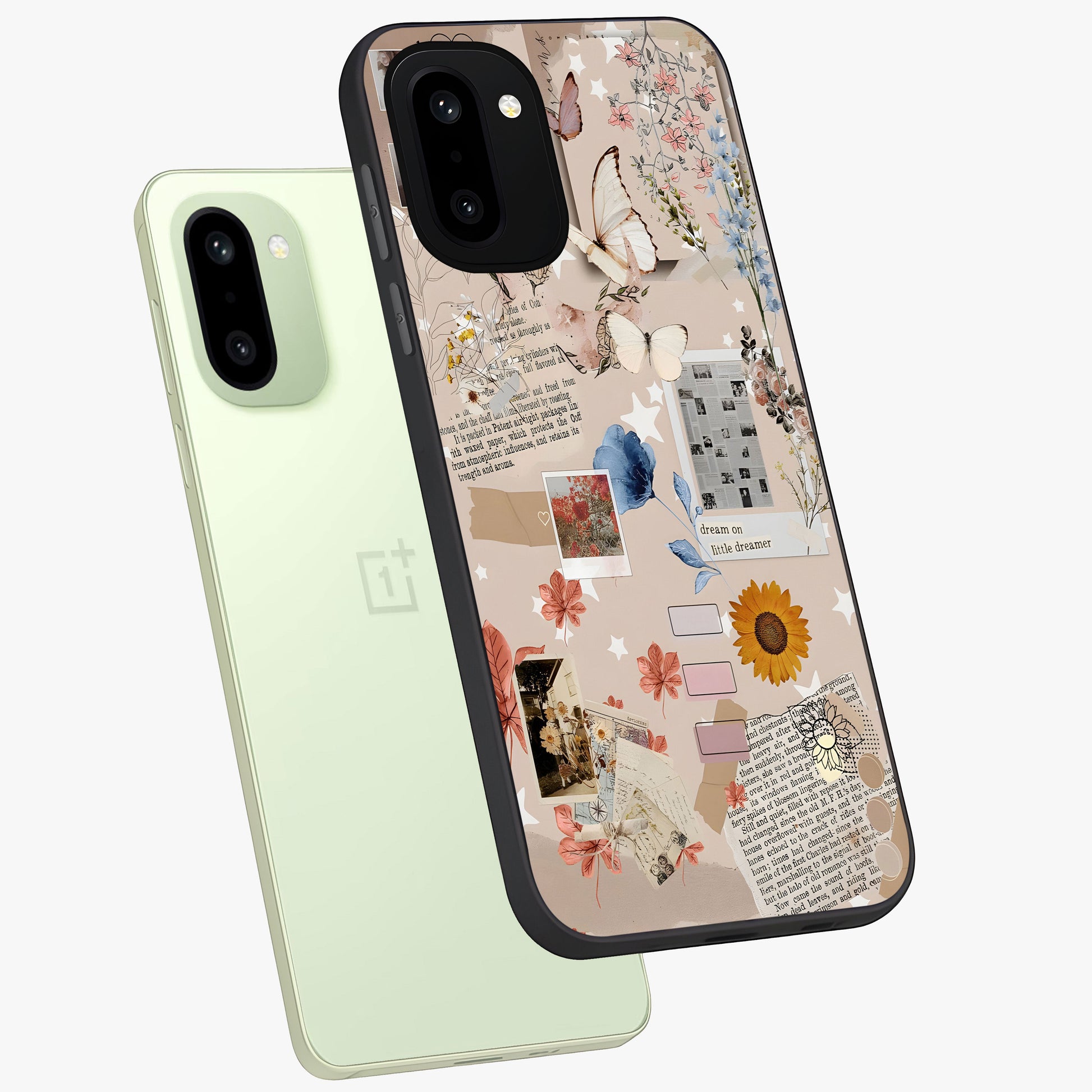 Aesthetic Butterfly Glass Case for 1+15R angled mockup showcasing glossy glass finish and delicate wing details