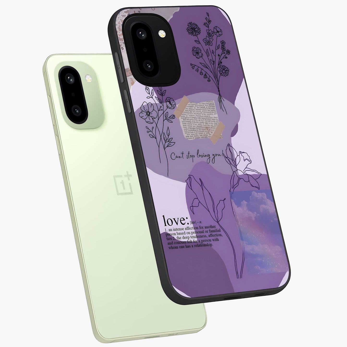 Aesthetic Love With Flower Glass Case for 1+15R angled mockup showcasing glossy finish and soft floral design