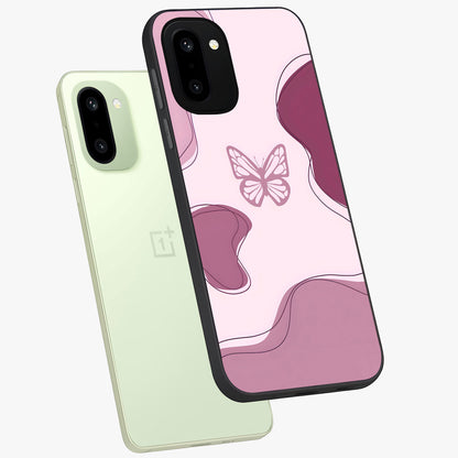 Aesthetic Pinkish Custom Name Butterfly Glass Case for 1+15R angled mockup showcasing glossy finish and soft pastel tones
