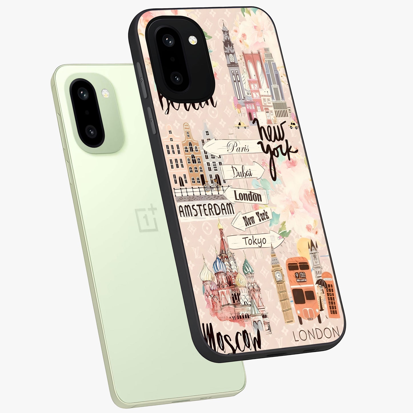 Aesthetic Travel Glass Case for 1+15R angled mockup showcasing glossy finish and adventure themed design