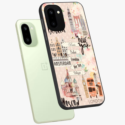 Aesthetic Travel Glass Case for 1+15R angled mockup showcasing glossy finish and adventure themed design