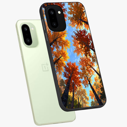 Amber Canopy Glow Glass Case for 1+15R angled mockup showcasing glossy glass finish and golden amber tones