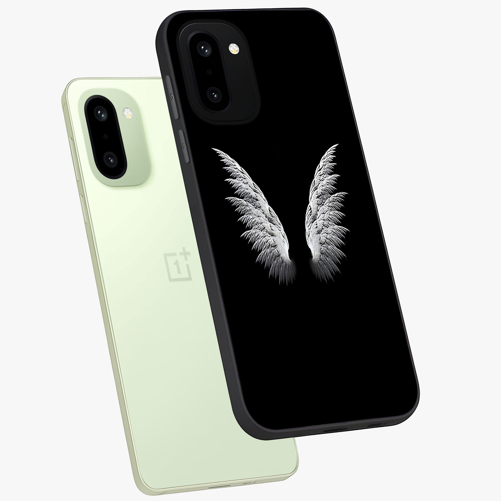 Angel Wing Grace Glass Case for 1+15R angled mockup showcasing glossy finish and graceful feather design