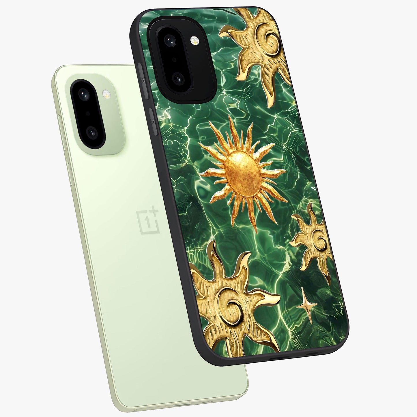 Aqua Sun Mirage Glass Case for 1+15R angled mockup showcasing glossy glass finish and radiant gradient tones