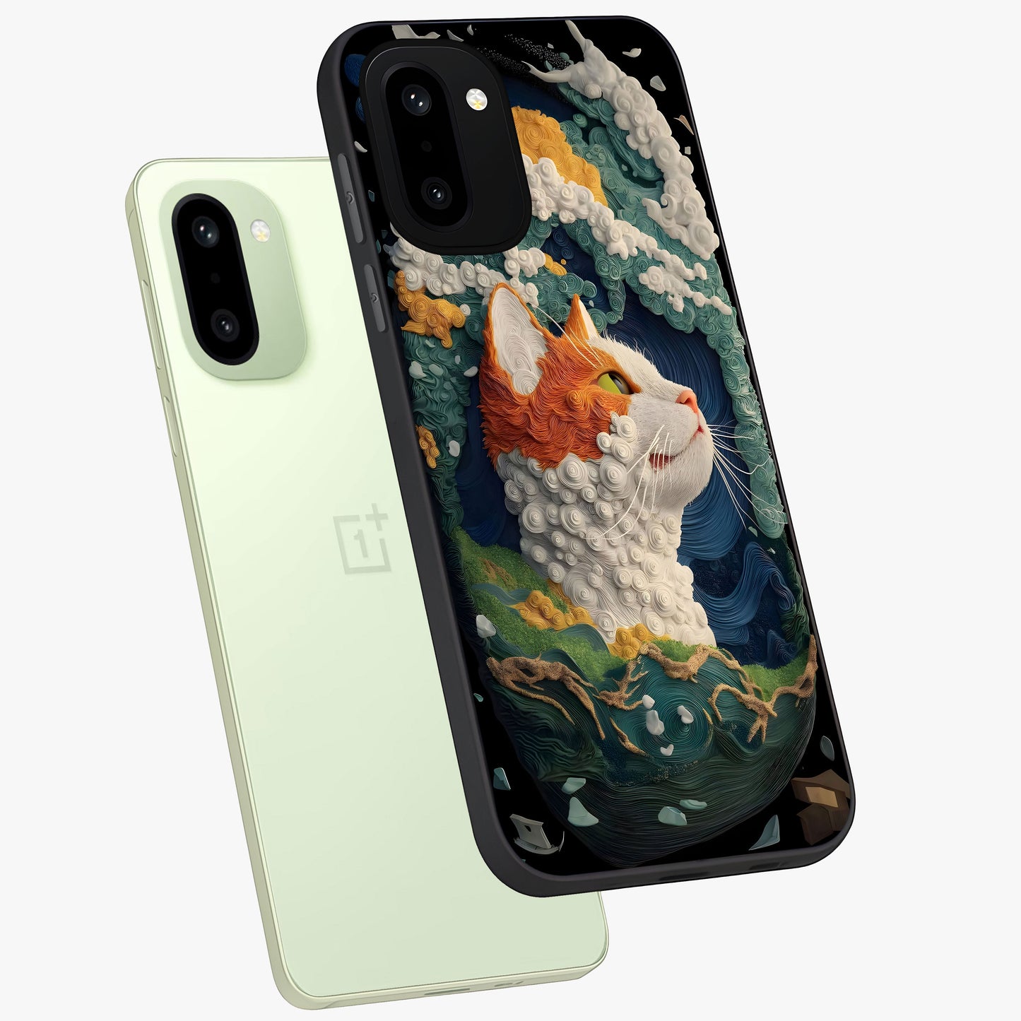 Aurora Cat Dreams Glass Case for 1+15R angled mockup showcasing glossy finish and vibrant cosmic colors