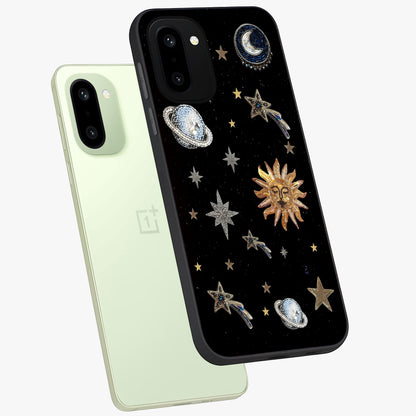 Beaded Cosmic Dreams Glass Case for 1+15R angled mockup showcasing glossy finish and vibrant galaxy detailing