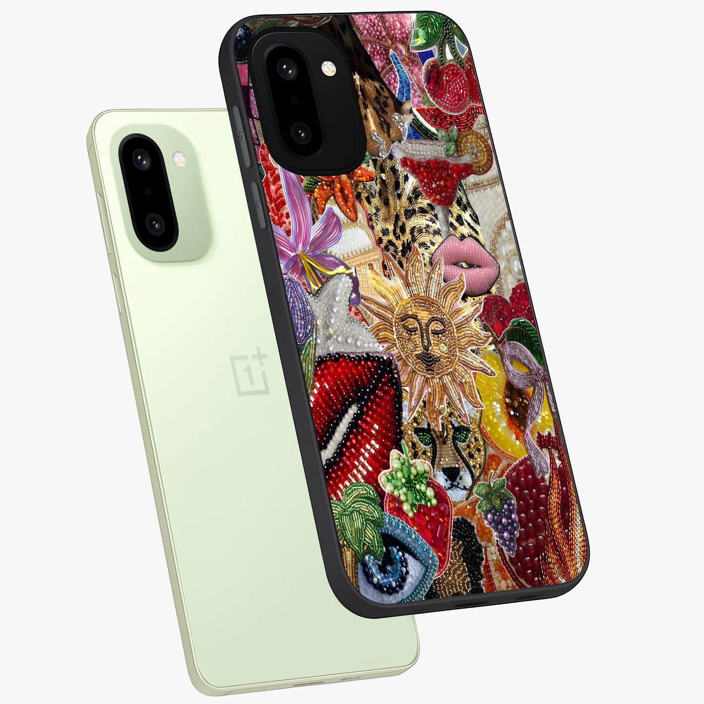 Beaded Fashion Jungle Glass Case for 1+15R angled mockup showcasing glossy finish and vibrant tropical design