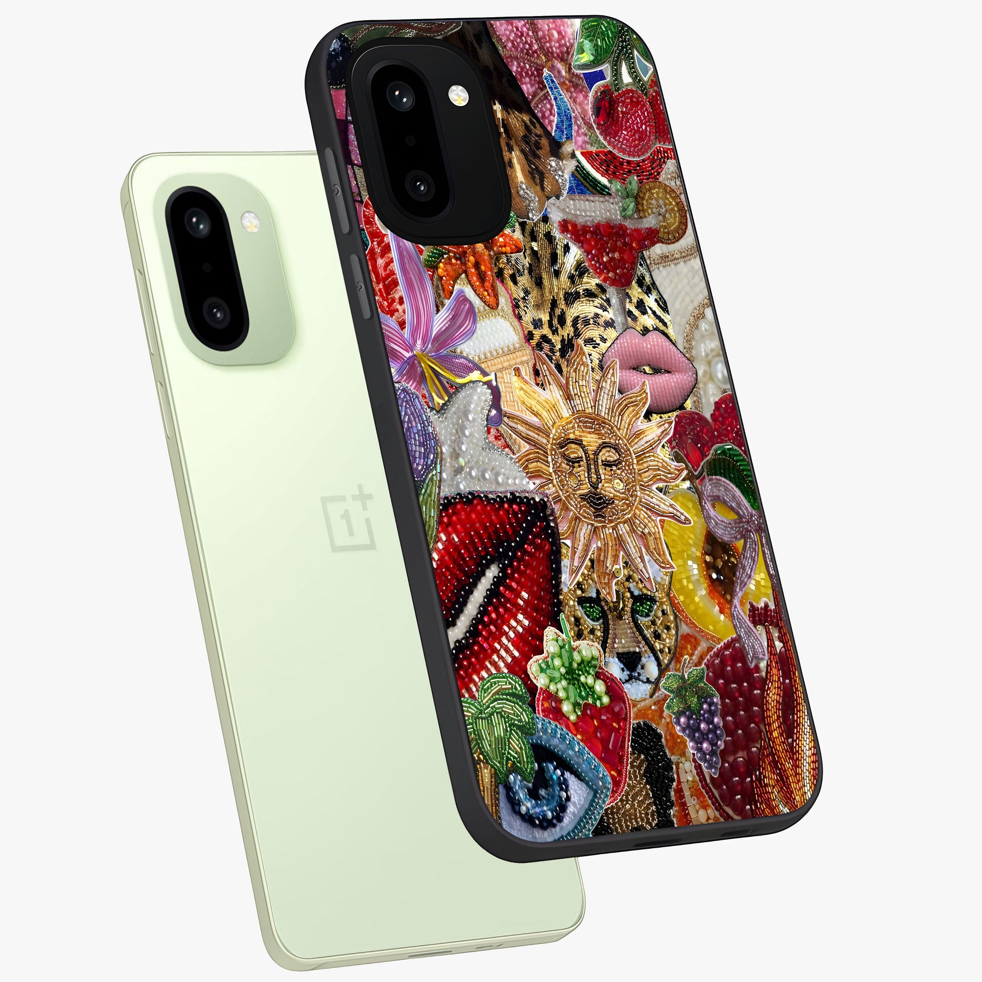 Beaded Fashion Jungle Glass Case for 1+15R angled mockup showcasing glossy finish and vibrant tropical design
