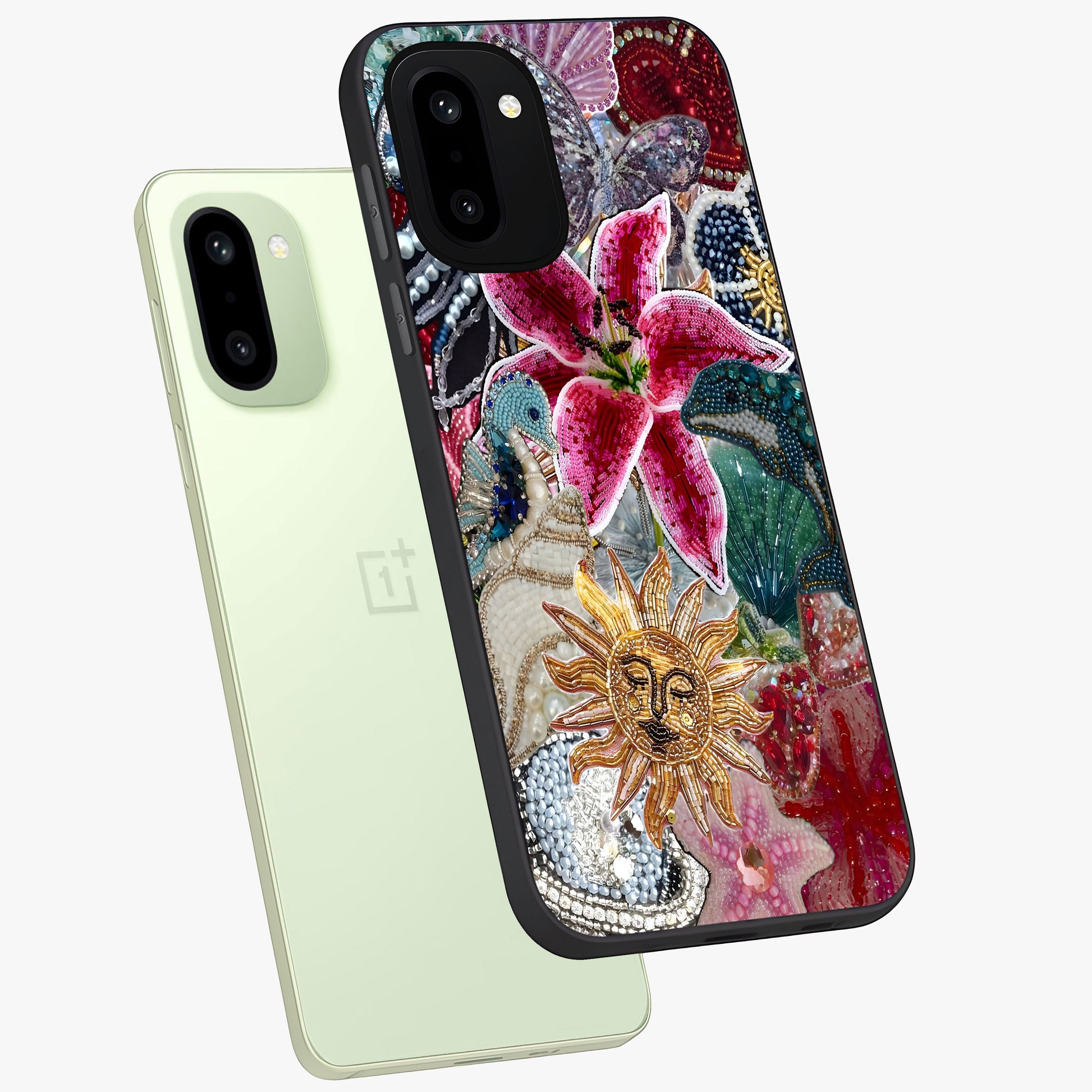 Beaded Garden Fantasy Glass Case for 1+15R angled mockup showcasing glossy finish and detailed fantasy design