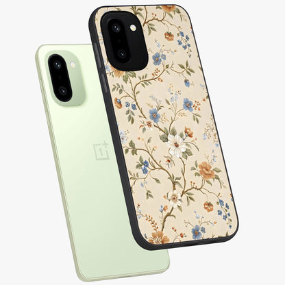 Beige Vintage Flower Glass Case for 1+15R angled mockup showcasing glossy finish and elegant vintage design