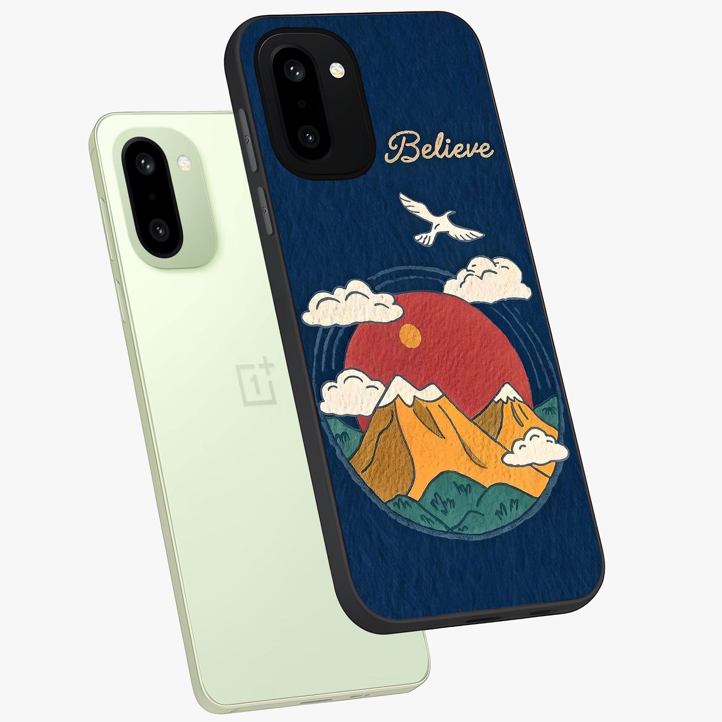 Believe Sky Escape Glass Case for 1+15R angled mockup showcasing glossy finish and serene cloud design