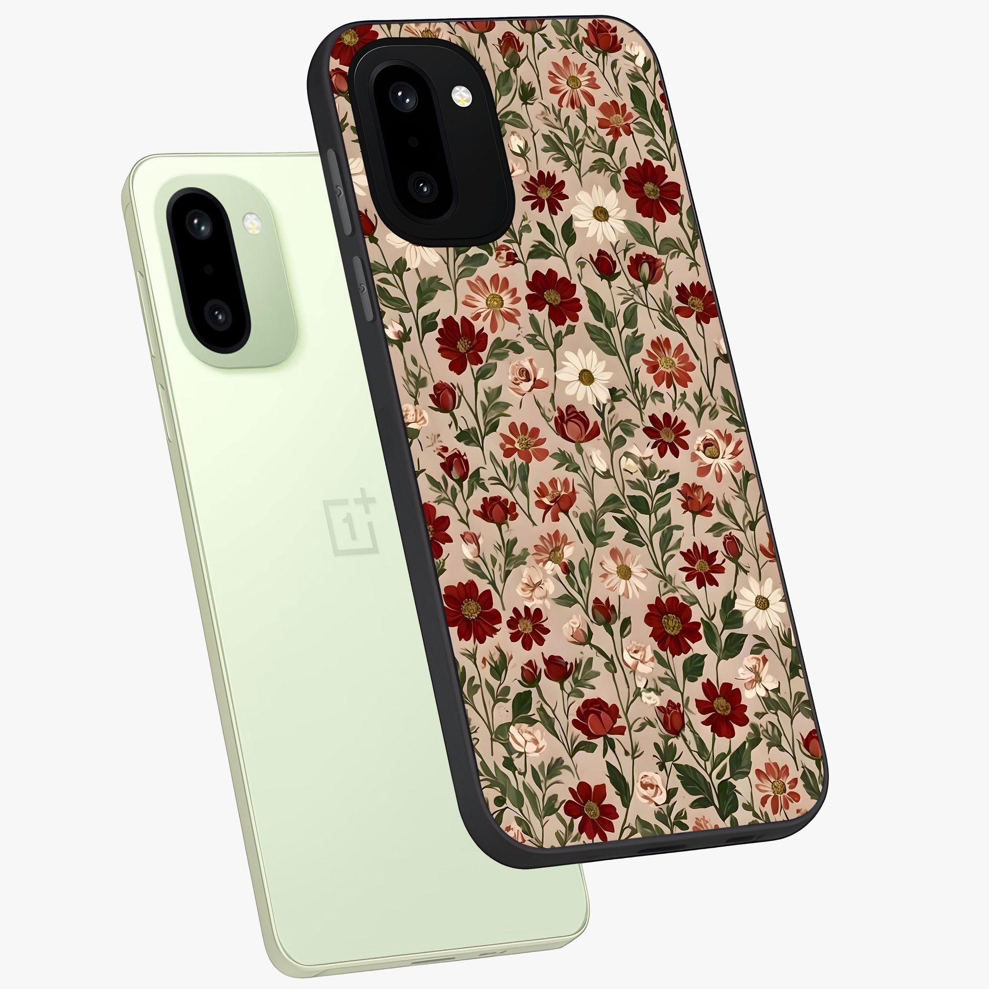 Biege Flower With Leaf Glass Case for 1+15R angled mockup showcasing glossy finish and minimal botanical design
