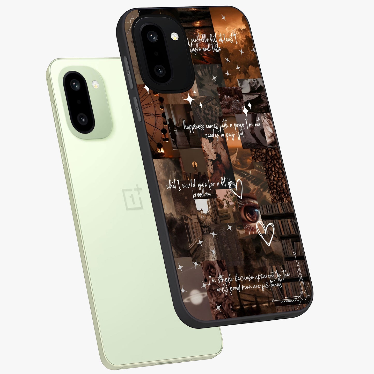 Bittersweet Aesthetic Chaos Glass Case for 1+15R angled mockup showcasing glossy finish and artistic chaotic design